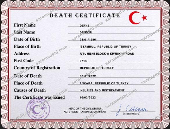 Turkey death certificate PSD template